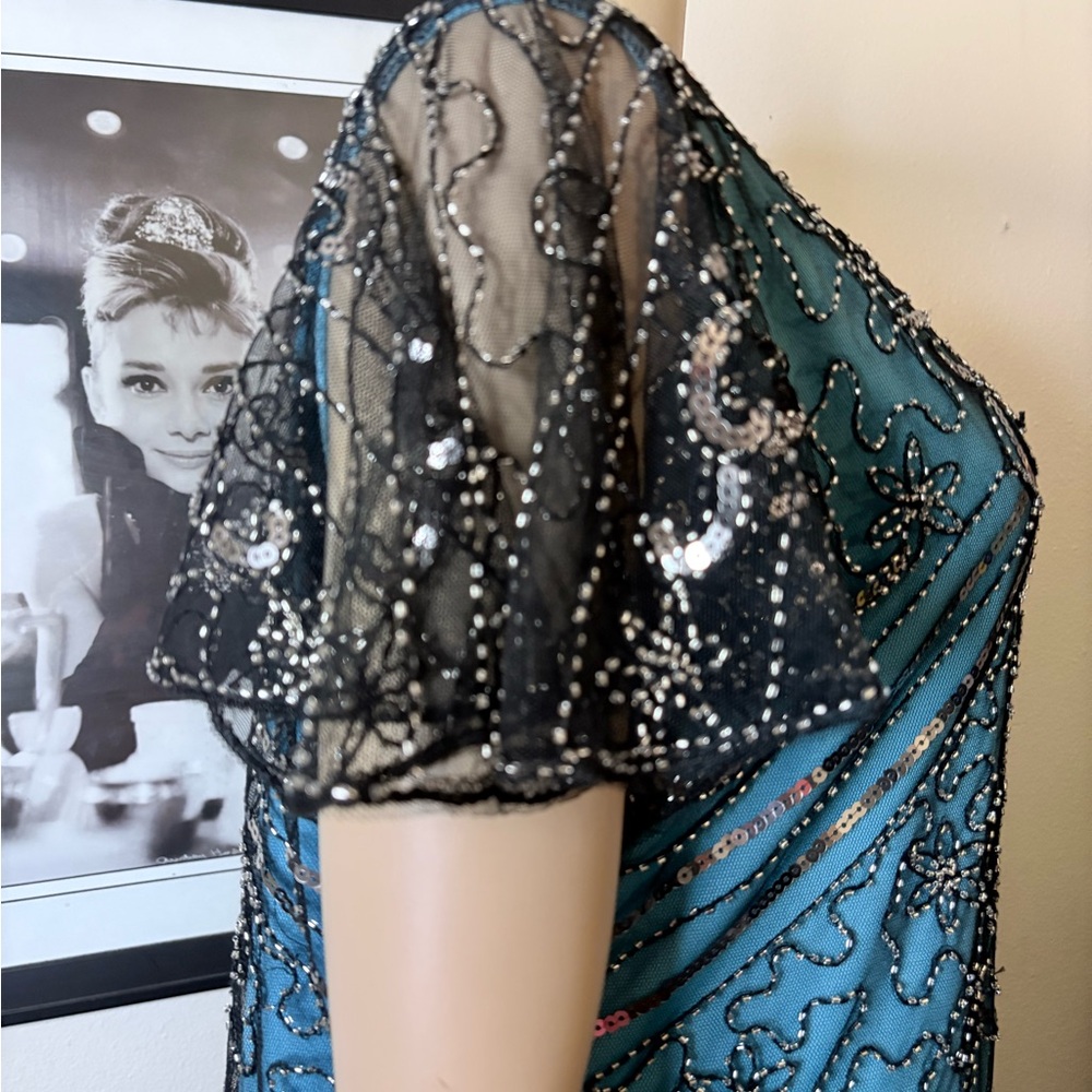 Teal & Black Sequin Embellished Fringed Flapper Gatsby Dress Size 3XL - Picture 3 of 8